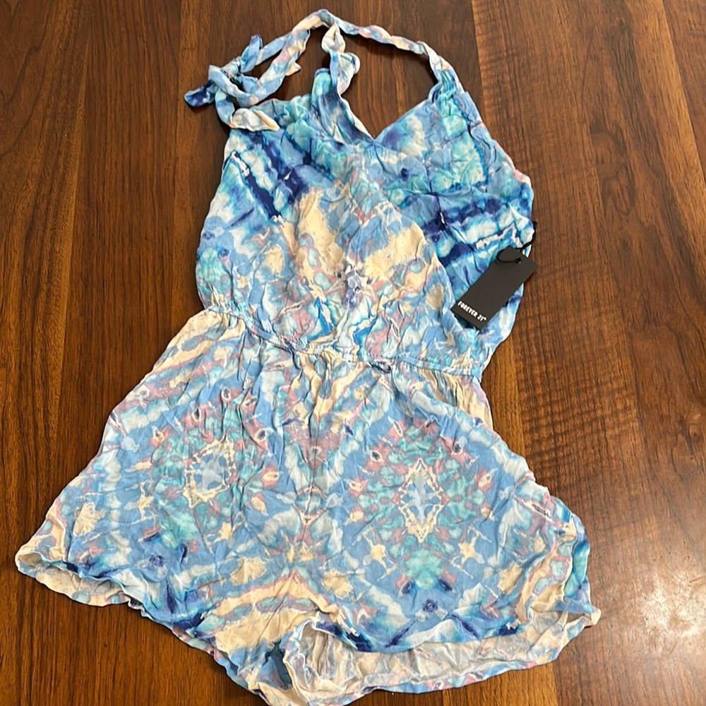 Forever 21 Blue and White Tie-Dye Halter Jumpsuit